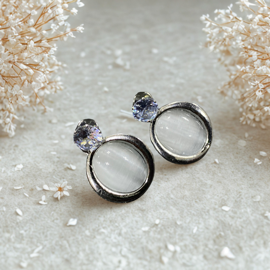 Zariv Pretty Oval Grey Stone Earrings with Sparkly Tops Set of 2 Pairs
