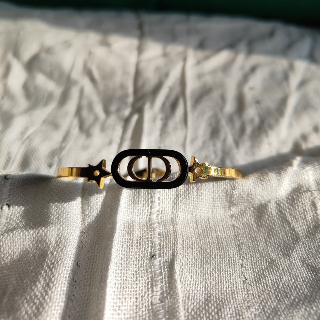 Zariva Anti-Tarnish Luxury Gold Dior-Inspired Logo Bangle Bracelet