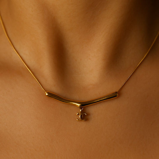 Zariva Anti-Tarnish Elegant Gold Bar Pendant Necklace with Chanel Charm
