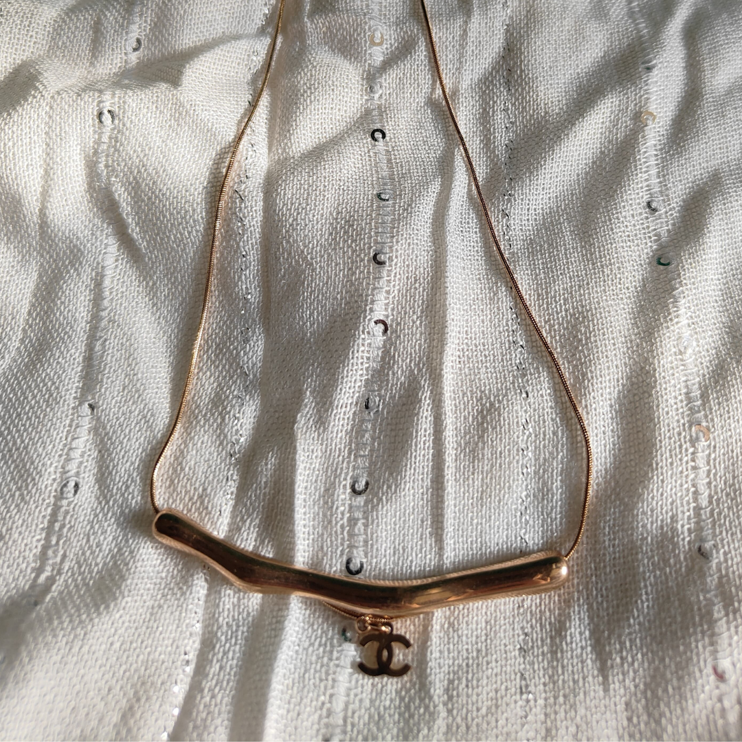 Zariva Anti-Tarnish Elegant Gold Bar Pendant Necklace with Chanel Charm