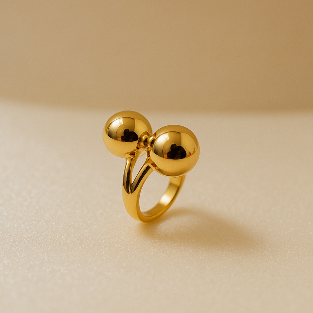 Zariva Anti-Tarnish Golden Orb Statement Ring – Modern Double Ball Ring